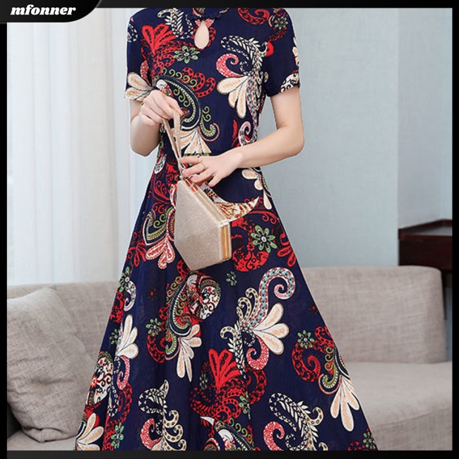 Đầm Tay Ngắn Cổ Đứng Eo Cao In Họa Tiết Cổ Điển Dành Cho Nữ