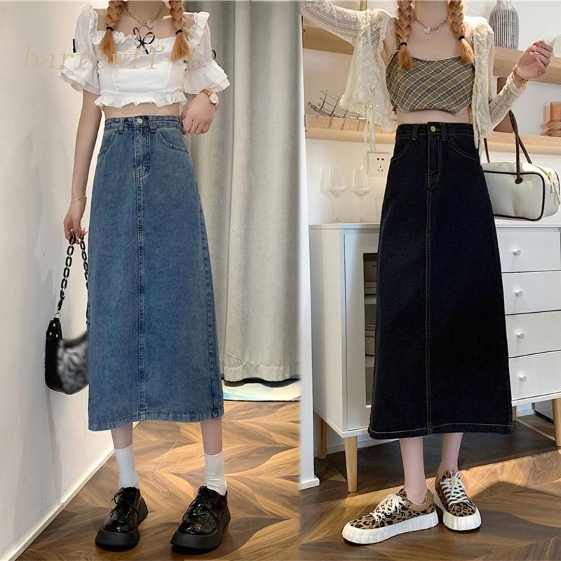 Chân Váy Jean Chữ A Lưng Cao Dáng Dài Xẻ Tà Màu Trơn Phối Nút Thời Trang Cho Nữ