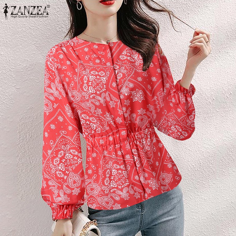 Zanzea Áo Sơ Mi Peplum Dài Tay In Hoa Phối Bèo Thanh Lịch Cho Nữ