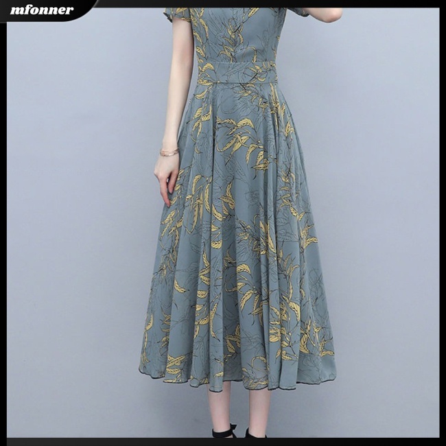 Đầm Dài Tay Ngắn Cổ Tròn Nhấn Eo in Họa Tiết Hoa Cổ Điển Plus Size Cho Nữ