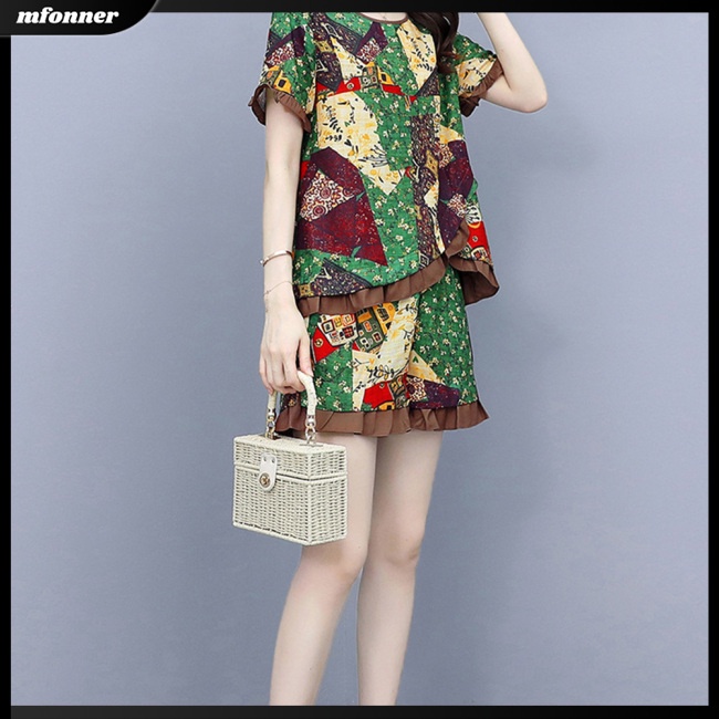 Bộ Trang Phục 2 Mảnh Áo Tay Ngắn Cổ Tròn Phối Bèo Phối Quần Short Ống Rộng Thời Trang Cho Nữ