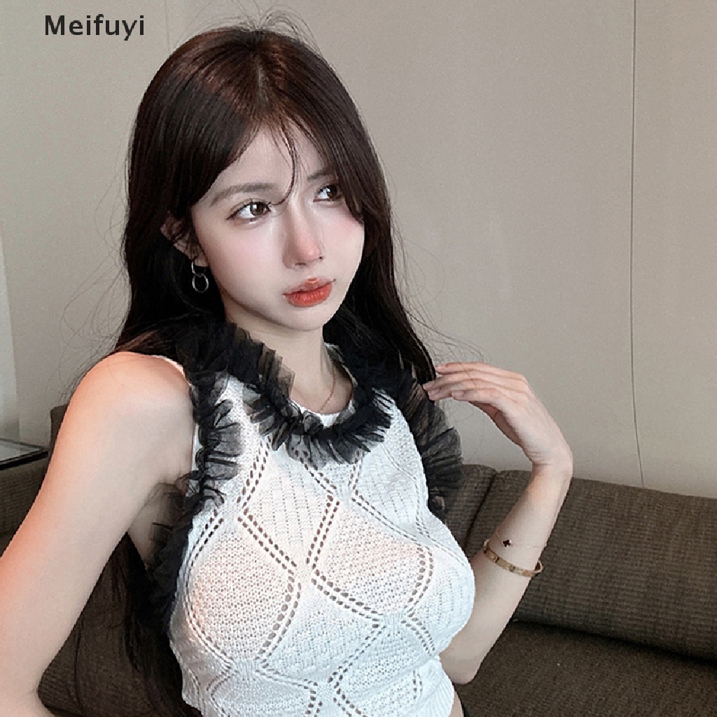 [Meifuyi] Áo Croptop Dệt Kim Sát Nách Cổ Tròn Phối Ren Gợi Cảm Mùa Hè Cho Nữ