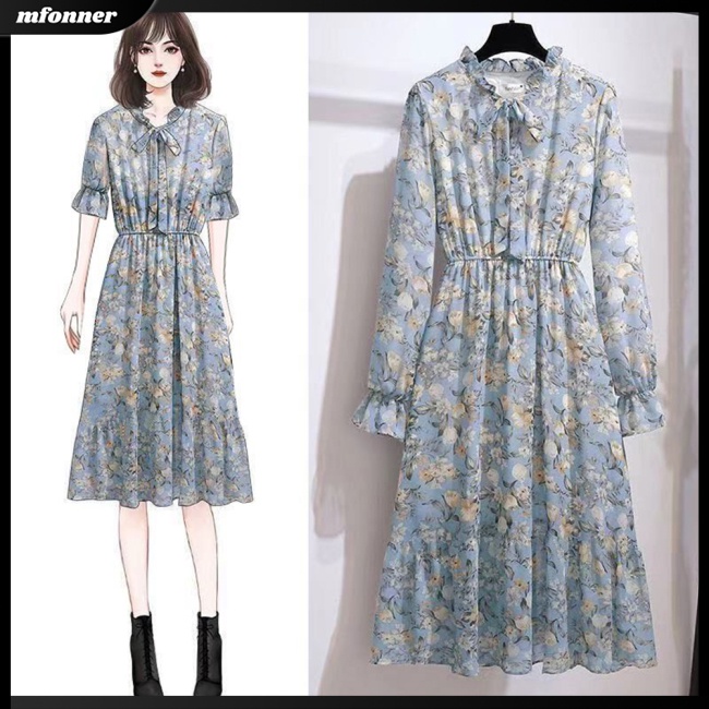 Đầm Voan Hoa Tay Bèo Thắt Nơ Eo Xinh Xắn Cho Nữ