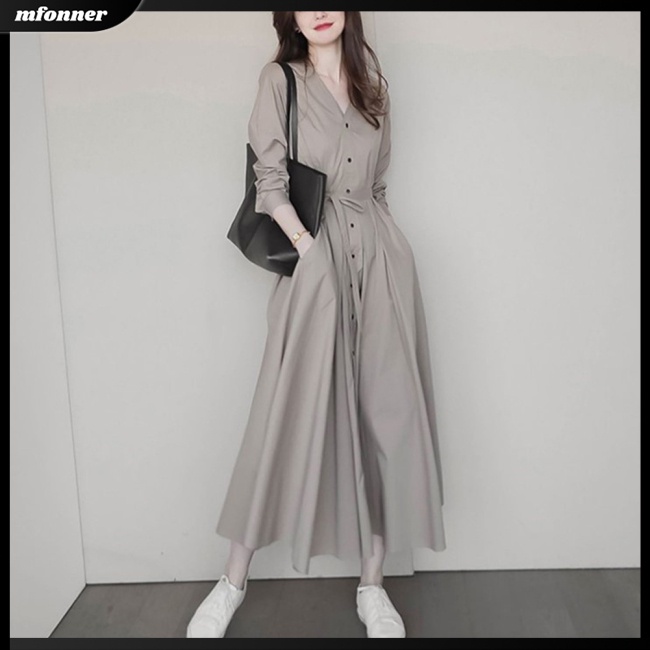 Đầm Tay Dài Cổ Chữ V Màu Sắc Thanh Lịch Dành Cho Nữ