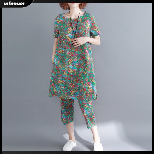 Bộ Trang Phục 2 Mảnh Gồm Áo Ngắn Tay Cổ Tròn Và Quần Lửng Dáng Rộng Mềm Mại In Họa Tiết Thổ Cẩm Thời Trang Cho Nữ