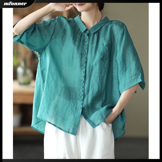 Áo Sơ Mi Cotton Lanh Tay Ngắn Màu Sắc Trơn Phong Cách Retro Dành Cho Nữ