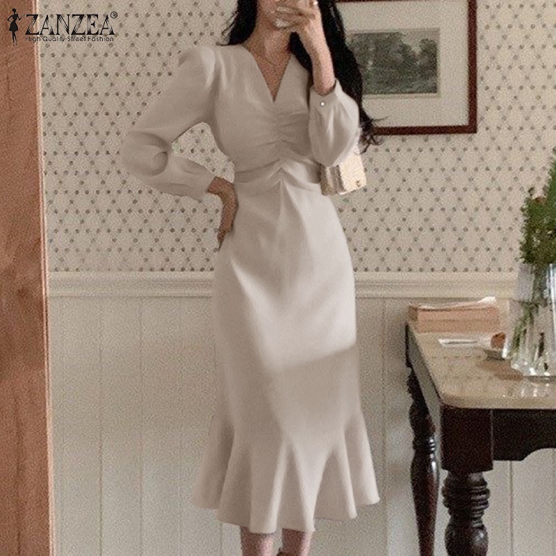 Zanzea Đầm Đuôi Cá Tay Dài Cổ Chữ V Thời Trang Nữ Tính