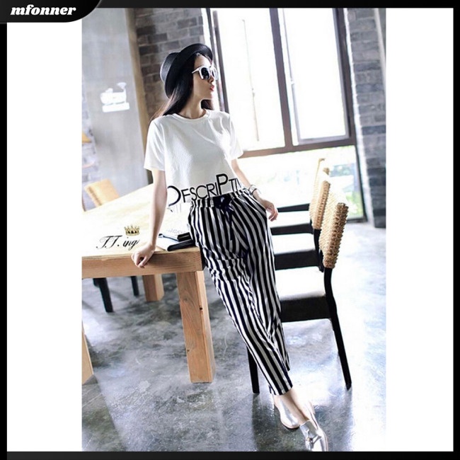 Set Áo Sơ Mi Ngắn Tay In Họa Tiết + Quần Dài Kẻ Sọc Thời Trang Mùa Hè Cho Nữ