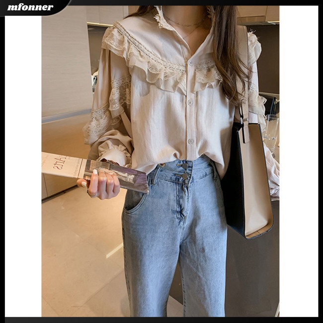 Áo Kiểu Tay Phồng Cổ Tròn Phối Ren Phong Cách Retro Ngọt Ngào