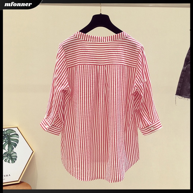 Áo Sơ Mi Chiffon Tay Lửng Dáng Rộng Cổ Chữ V Kẻ Sọc Dọc Thanh Lịch Cho Nữ