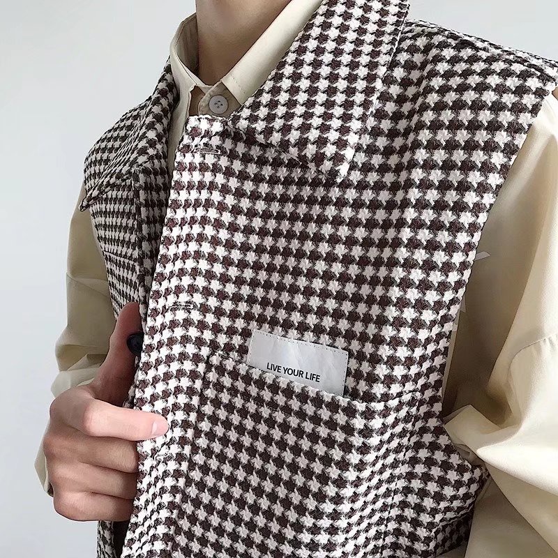 Áo Khoác Sát Nách Dáng Rộng In Họa Tiết Houndstooth Cá Tính Cho Nam