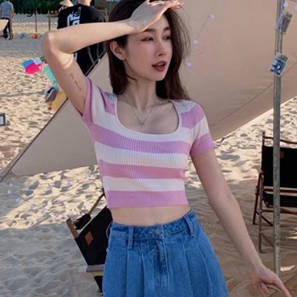 Áo Croptop Dệt Kim Ngắn Tay Cổ Vuông Họa Tiết Kẻ Sọc Phong Cách Retro