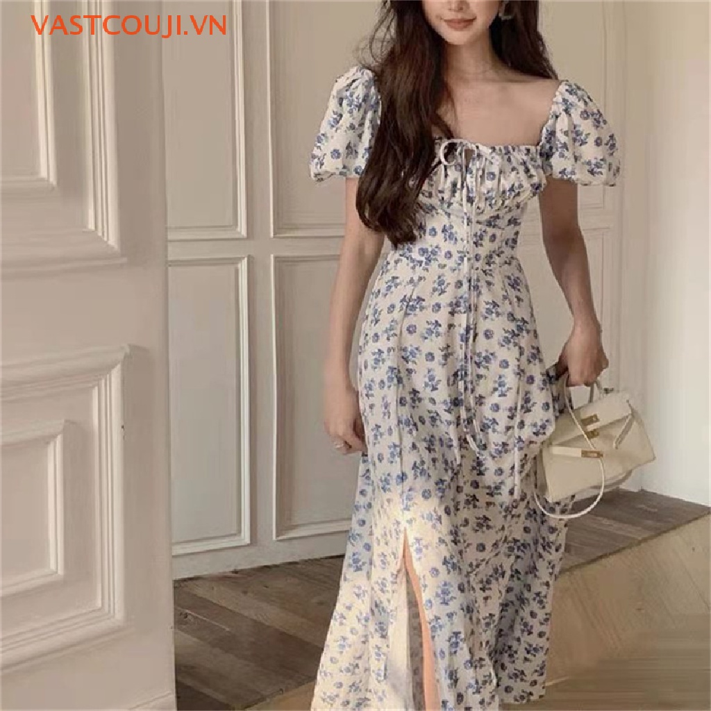 Đầm Maxi Tay Ngắn Phồng Xẻ Tà In Họa Tiết Thời Trang Mùa Hè Xinh Xắn Cho Nữ
