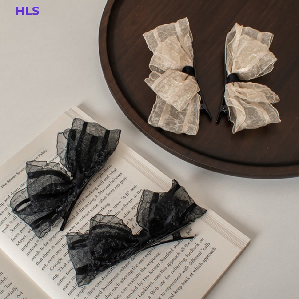 Set 2 Kẹp Tóc Nơ Phối Ren Màu Đen / Be Xinh Xắn Dành Cho Nữ