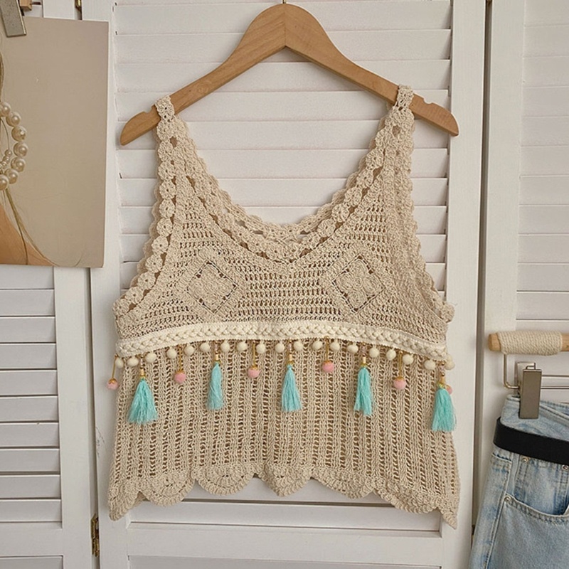 Áo Croptop Dệt Kim Cổ Tròn Phối Tua Rua Thời Trang Mùa Hè Quyến Rũ Cho Nữ