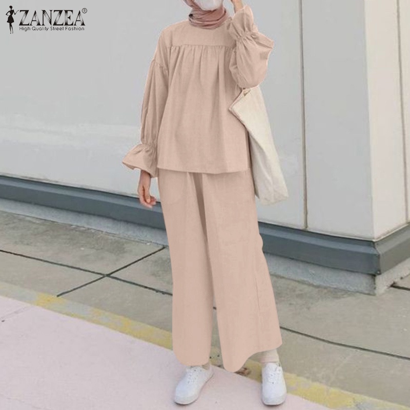 Zanzea Set Áo Kiểu Tay Phồng + Quần Dài Lưng Thun Thời Trang Nữ
