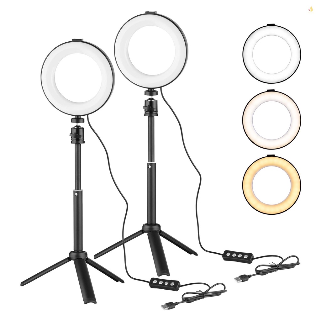 Vòng Đèn LED Andoer 6 Inch 2 * 3200K-6500K Có Thể Điều Chỉnh Độ Sáng + 2 * Tripod Để Bàn + 2 * Đầu Bi Kim Loại Dẻo Cho Dạy Trực Tuyến