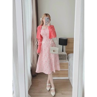 Sét đầm lụa hoa 2 dây xếp ly ngực phối áo khoác gân dáng lửng có 2 màu lựa chọn cực xinh