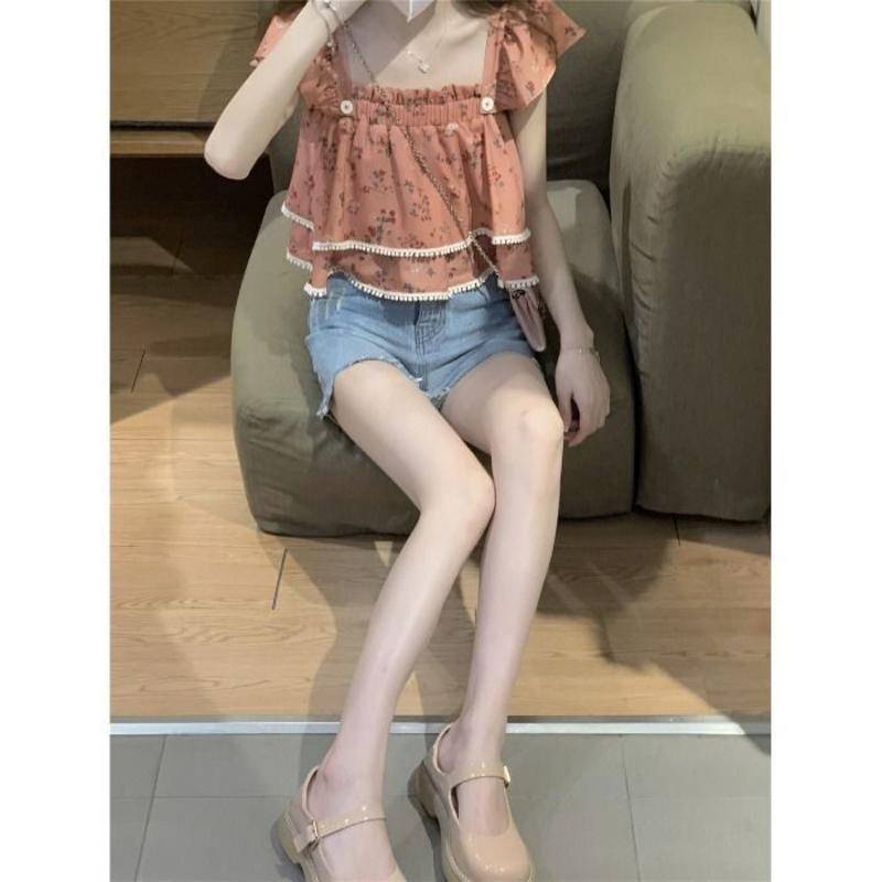 Áo Thun Ngắn Tay Cổ Vuông In Hoa Nhỏ Thiết Kế Xia Xiaozhong Ngọt Ngào Cho Nữ