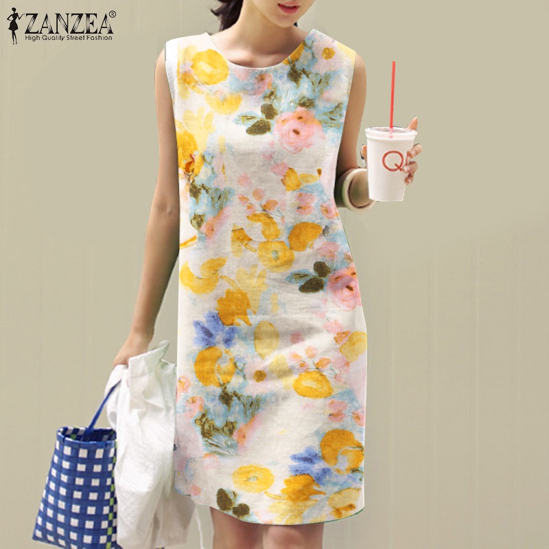 Zanzea Đầm ôm Cộc Tay Cổ Tròn Xẻ Tà Thời Trang Hàn