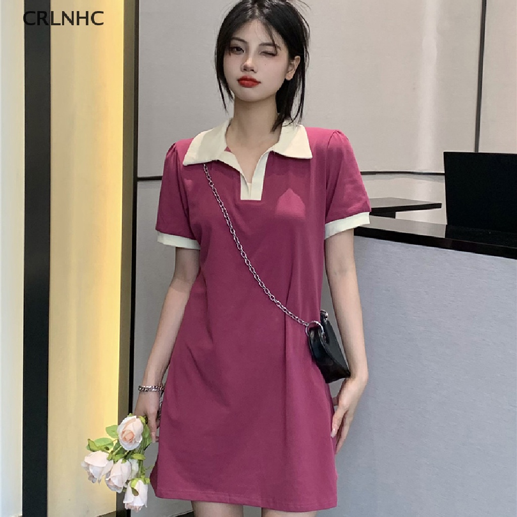 Đầm mini CRLNHC ngắn tay cổ chữ V màu tương phản thời trang cho nữ