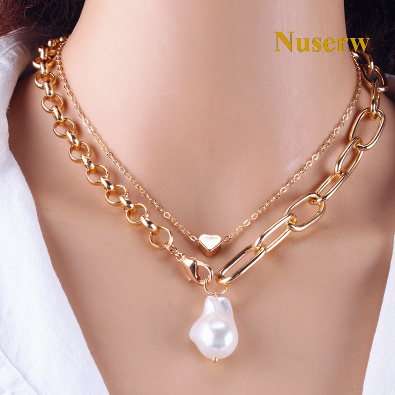 Nuserw Vòng cổ Đồng Nhiều Lớp Mặt Hình Trái Tim Đính Ngọc Trai Phong Cách Baroque Mới Cho Nữ