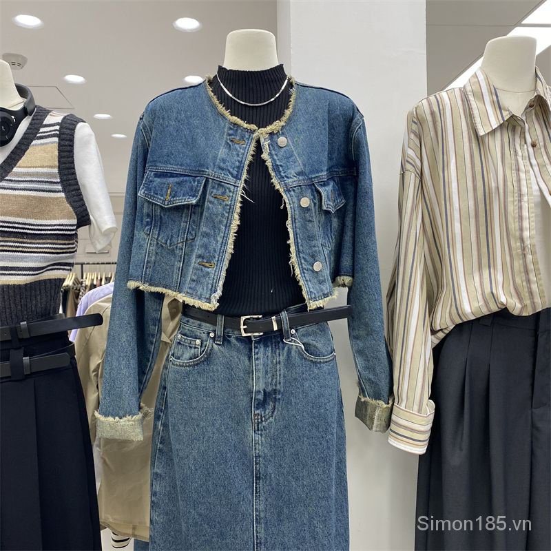 Bộ Áo Khoác Denim Ngắn Cổ Tròn Phối Chân Váy Chữ A Lưng Cao Xẻ Tà Kiểu Hàn Quốc Thời Trang Mùa Thu Cho Nữ