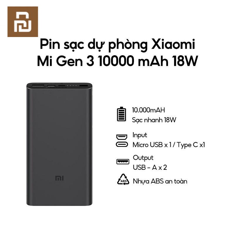 Xiaomi YouPin Sạc Dư Phòng Gen 3 - Pin sạc dự phòng Xiaomi Mi Gen 3 10000 mAh 18W - Hỗ trợ sạc nhanh