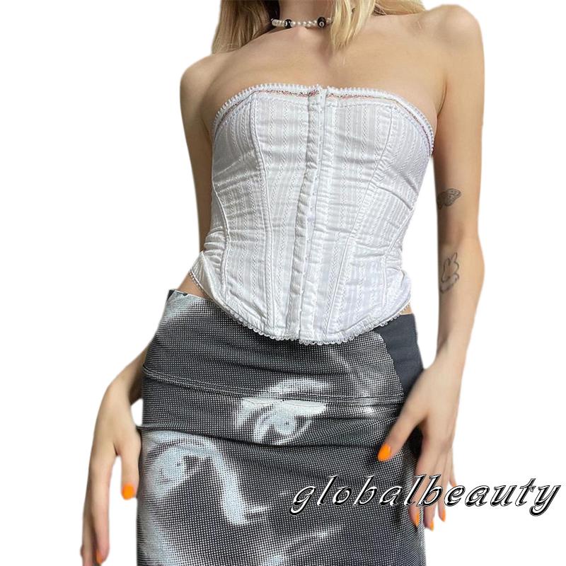 Gb-áo Nịt Ngực Một Hàng Nút Họa Tiết Hoa Màu Trắng Hở Vai Ôm Dáng Size S / M / L