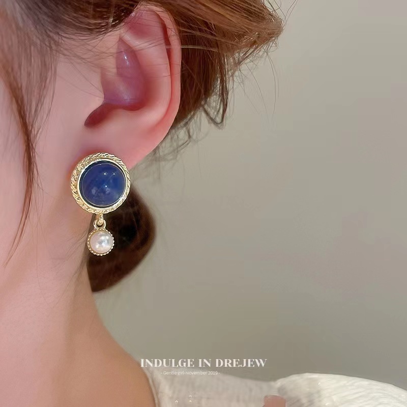 Bông Tai Bạc Đính Ngọc Trai Xanh Dương Phong Cách Pháp Thời Trang Cho Nữ