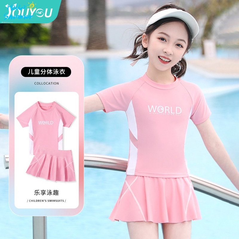Bộ Đồ Bơi Mùa Hè 2023 Gồm Áo Tay Cộc + Chân Váy Xẻ Tà Cỡ Nhỏ / Vừa / Lớn Phong Cách Mới Cho Bé Gái