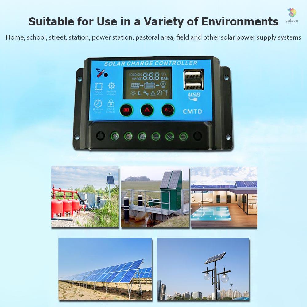 Bộ Điều Khiển Sạc Năng Lượng Mặt Trời Hai Cổng USB 20A 12 / 24V Màn Hình LCD