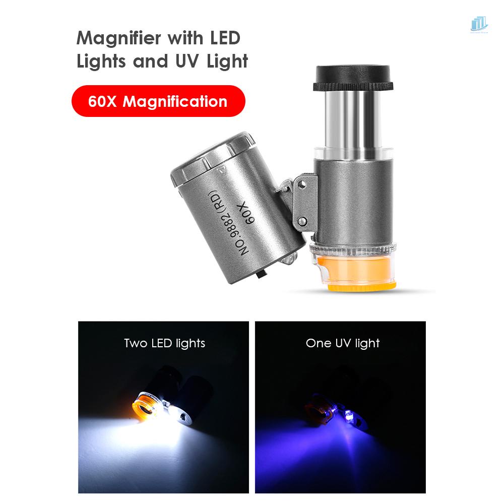 Kính Lúp 60X Kèm 2 Đèn LED Và 1 Đèn UV Có Thể Điều Chỉnh Độ Dài Cho Thợ Làm Trang Sức / Thợ Làm Đồng Hồ
