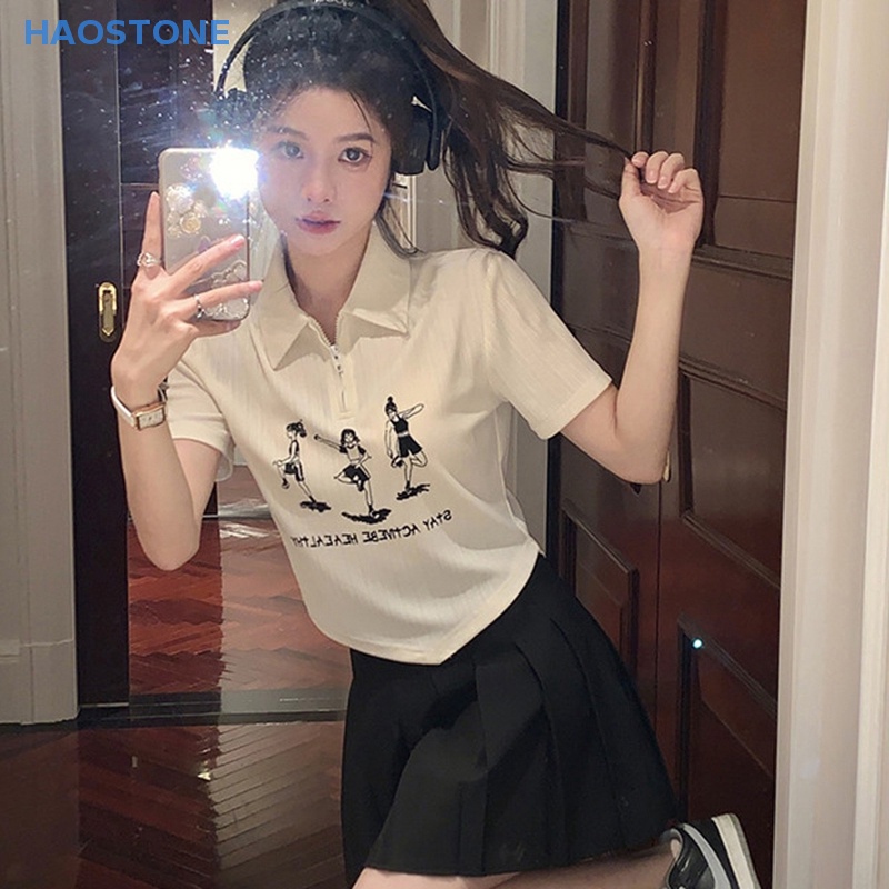 Áo Thun Crop Top Tay Ngắn Có Dây Kéo In Hình Bất Đối Xứng Thời Trang Mùa Hè Cho Nữ M