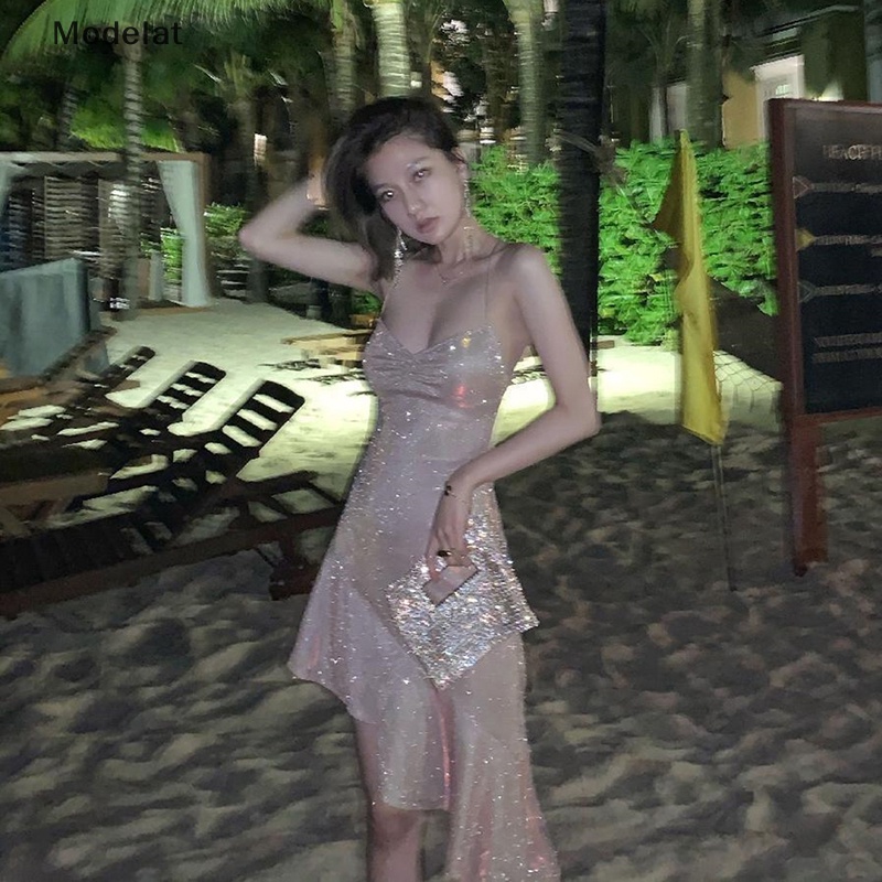 Mfc Đầm Dự Tiệc Hai Dây Hở Lưng Ôm Dáng Đính Kim Sa Lấp Lánh Gợi Cảm Cho Nữ