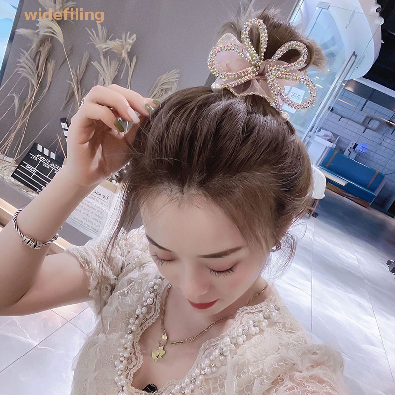 Dây Cột Tóc Bản Rộng Co Giãn Đính Đá Hình Nơ Xinh Xắn Cho Nữ
