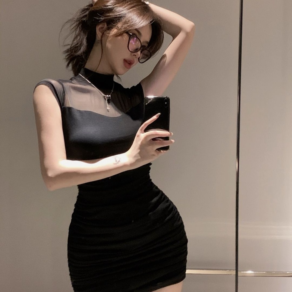 Đầm Ngắn Tay Lưng Cao Xếp Ly Màu Đen Quyến Rũ Thời Trang Phong Cách Mới 2023