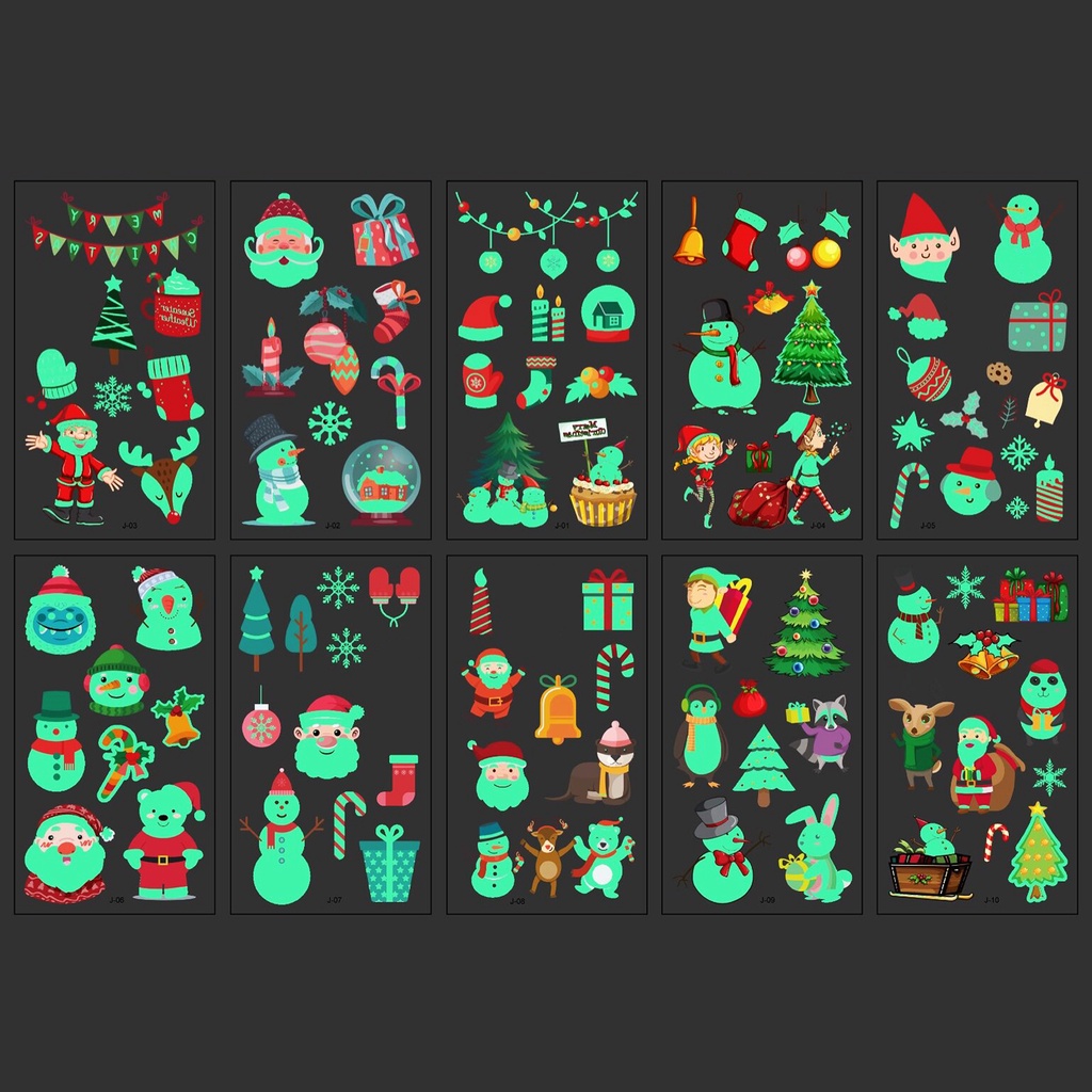 Set 10 Miếng Dán Hình Xăm Phát Quang Họa Tiết Giáng Sinh Dễ Thương Dành Cho Trẻ Em