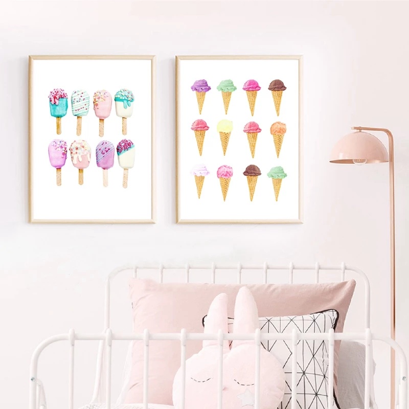 Tranh Sơn Dầu Treo Tường Trang Trí Hình Cây Kem Và Bánh Donut