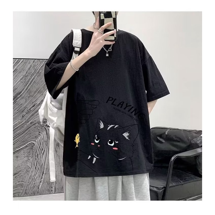 Áo Thun Tay Ngắn Cổ Tròn In Hình Mèo Dễ Thương Phong Cách Hàn Quốc Thời Trang Mùa Hè 4 Màu Lựa Chọn Cho Nam M-8XL