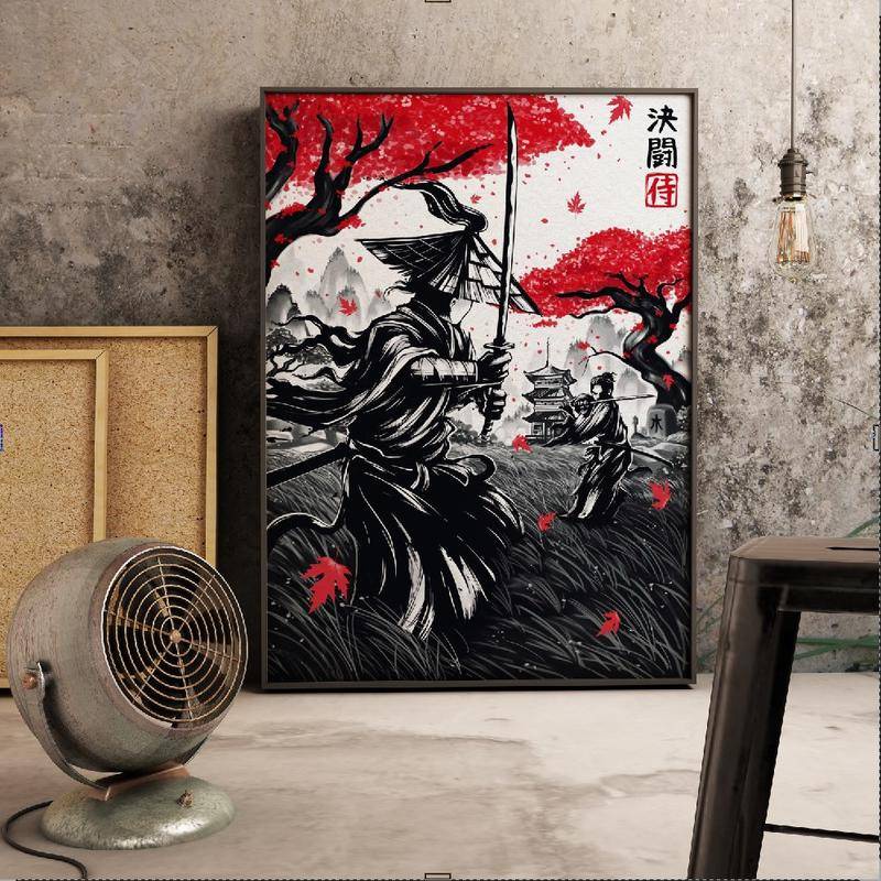 Tranh Vải Bạt Treo Tường In Hình Samurai Bushido Nhật Bản Trang Trí Nhà Cửa
