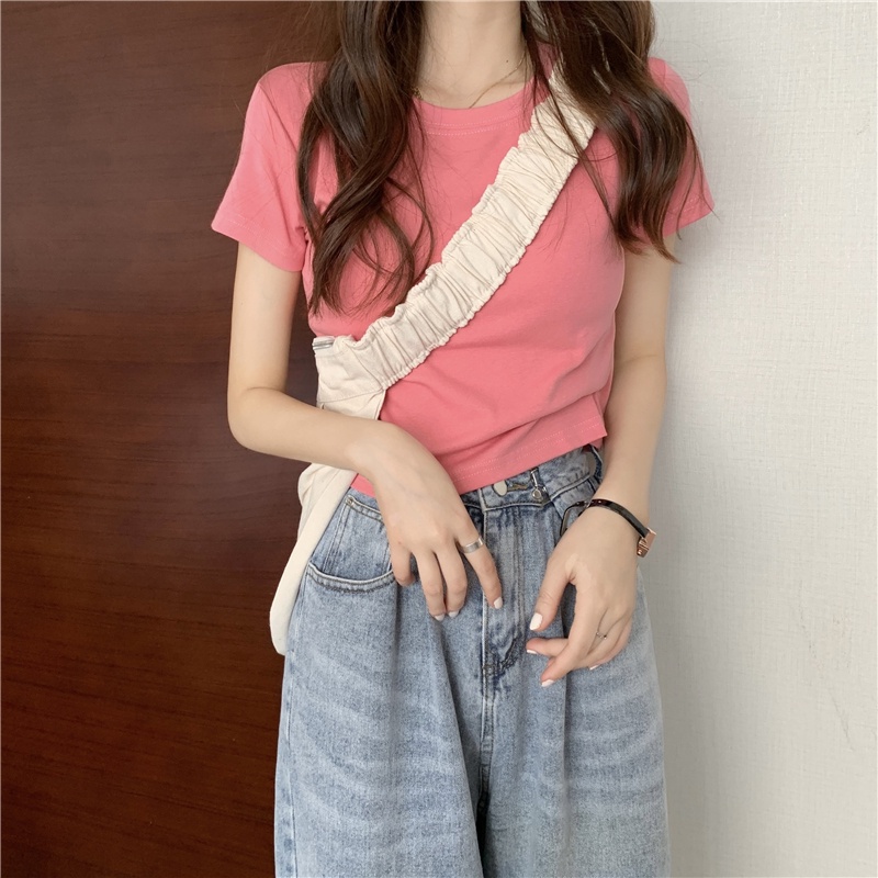 NZN Áo Thun crop top Tay Ngắn Màu Trơn Cổ Tròn Thời Trang Cho Nữ