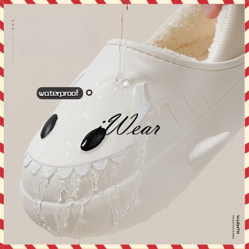 Dép bông cá mập hoạt hình nữ, Dép mùa đông đế dày chống thấm nước, Giày cotton mỉm cười dễ thương