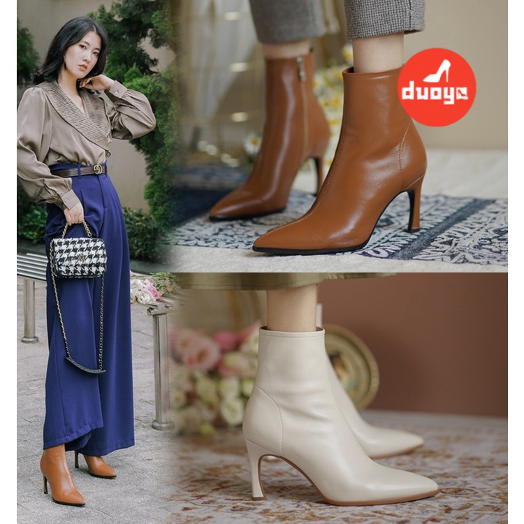 Duoya Tóc Thẳng ~ [Hàng Có Sẵn] Giày Bốt Cao Gót Mũi Nhọn Gót Nhọn Màu Nâu / Trắng Kaki Pháp Cho Nữ [ABC]
