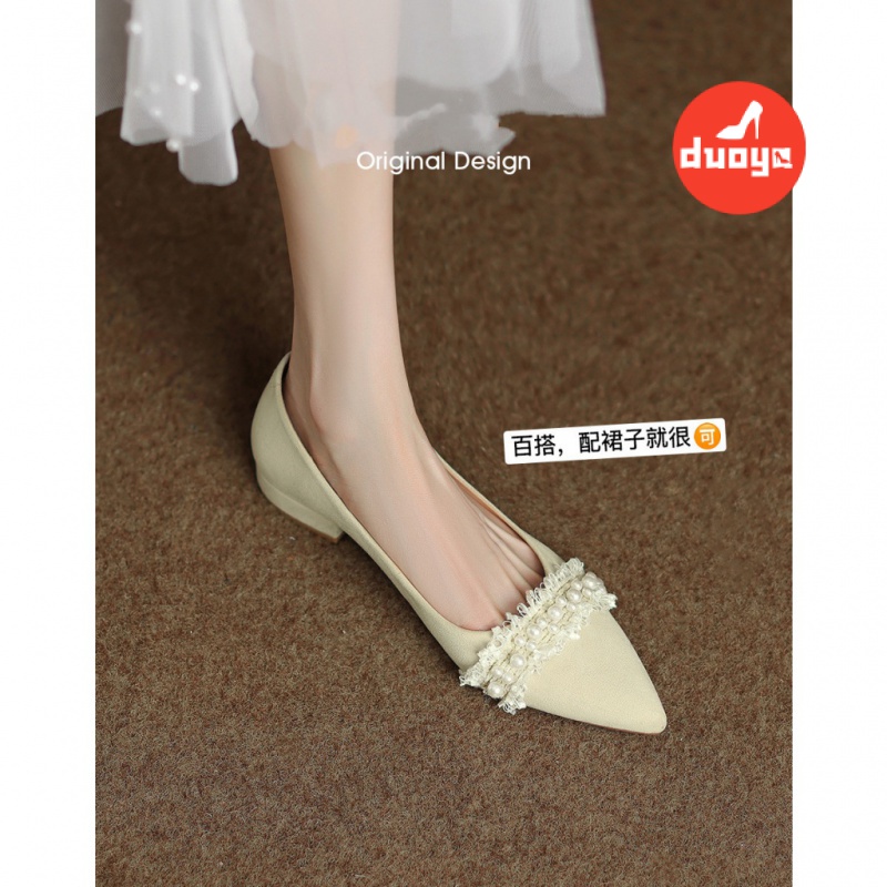 Duoya Tóc Thẳng ~ [Hàng Có Sẵn] Giày Búp Bê Mũi Nhọn Gót Thấp Dày Dặn Đính Ngọc Trai Thanh Lịch Cho Nữ Miễn Phí Vận Chuyển