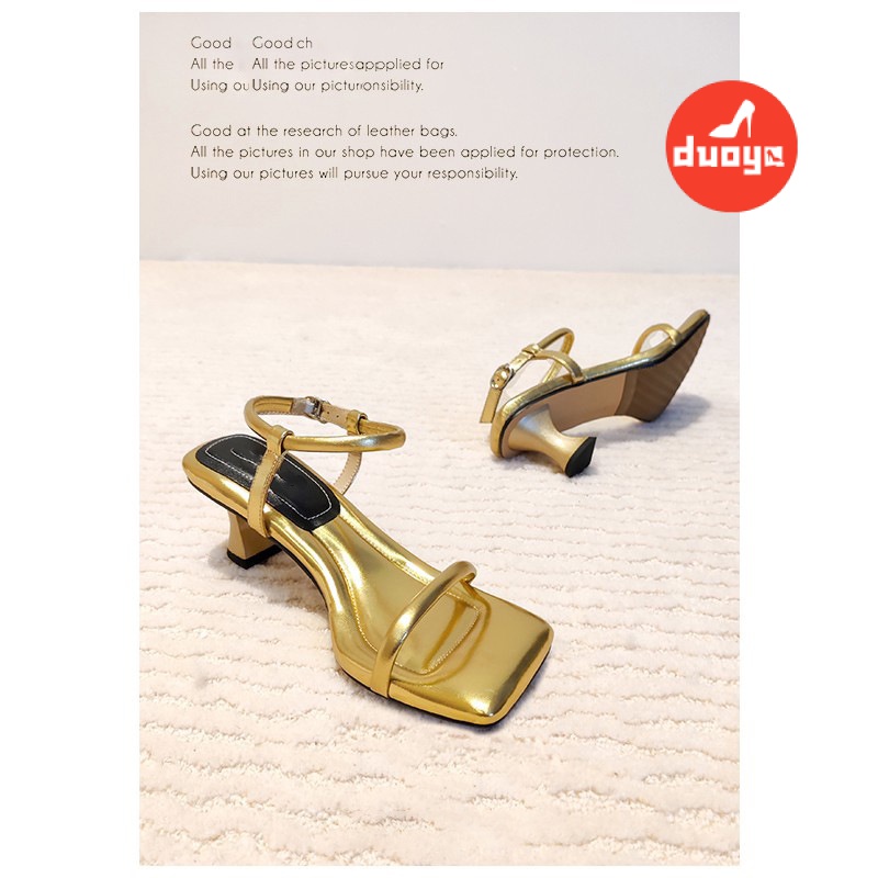 Duoya Tóc Thẳng ~ [Hàng Có Sẵn] Giày Sandal Cao Gót Mũi Vuông Dây Phẳng Màu Đen Niche Cao Cấp Miễn Phí Vận Chuyển
