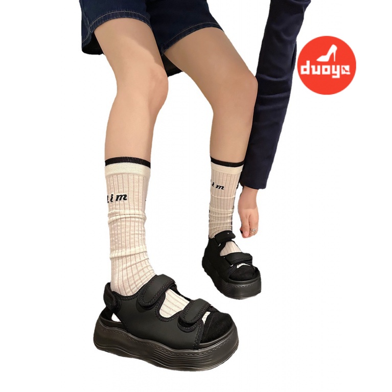Duoya Tóc Thẳng ~ [Hàng Có Sẵn] Giày Sandal Bánh Mì Đế Dày Quai Dán Gợn Sóng Đơn Giản Tăng Chiều Cao Miễn Phí Vận Chuyển