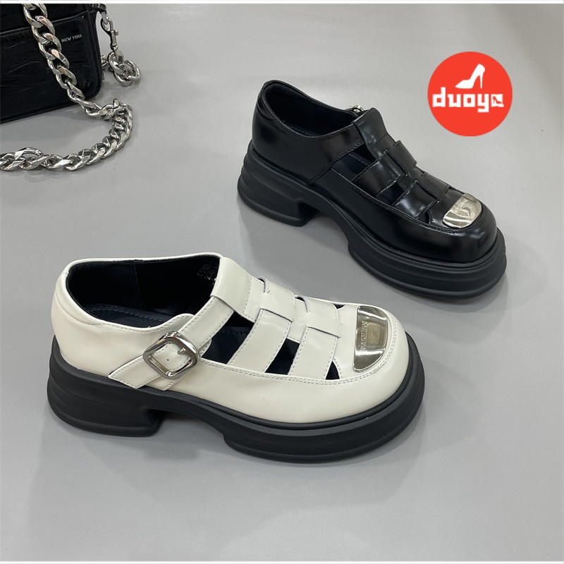 Duoya Tóc Thẳng ~ [Hàng Có Sẵn] Giày Sandal Đế Dày Bằng Da Thật Đế Kim Loại Rỗng Thoáng Khí Phong Cách La Mã Hợp Thời Trang Tăng Chiều Cao Miễn Phí Vận Chuyển