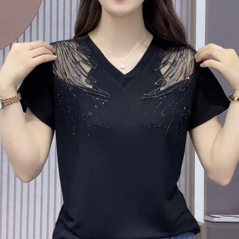 Áo Thun Ngắn Tay Cổ Chữ V Thêu Họa Tiết Thời Trang Mùa Hè 2023 Cho Nữ Ốp