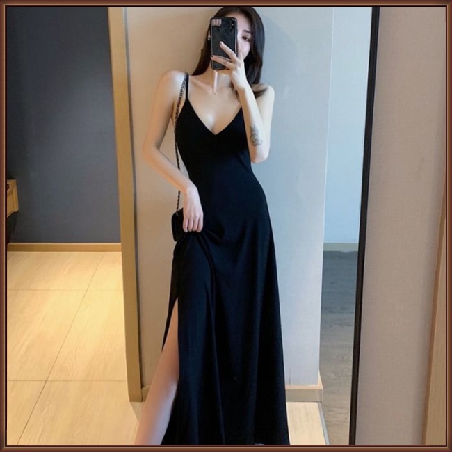 Đầm Hai Dây Cổ Chữ V Màu Sắc Đơn Giản Phong Cách Retro